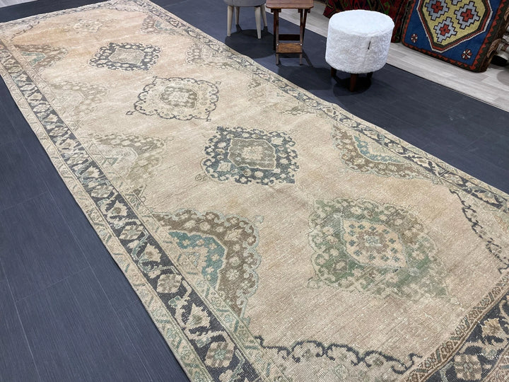 Beige Turkish Runner Rug 4' 8" x 13' Hand-Knotted | No. WR71767
