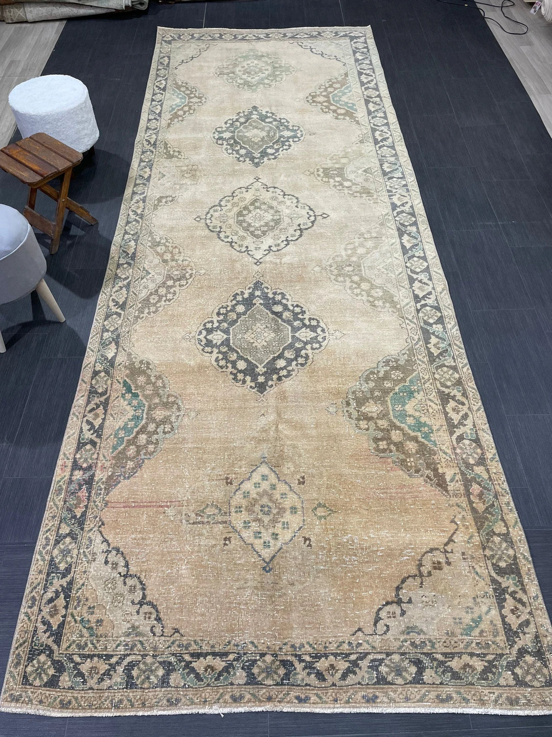 Beige Turkish Runner Rug 4' 8" x 13' Hand-Knotted | No. WR71767