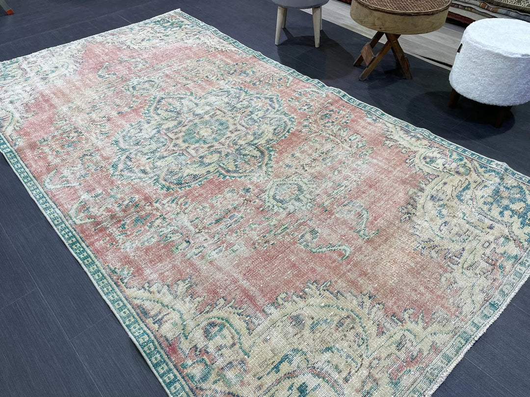 Beige Turkish Distressed Runner Rug 4' 10" x 8' 6" Hand-Knotted | No. WR72662