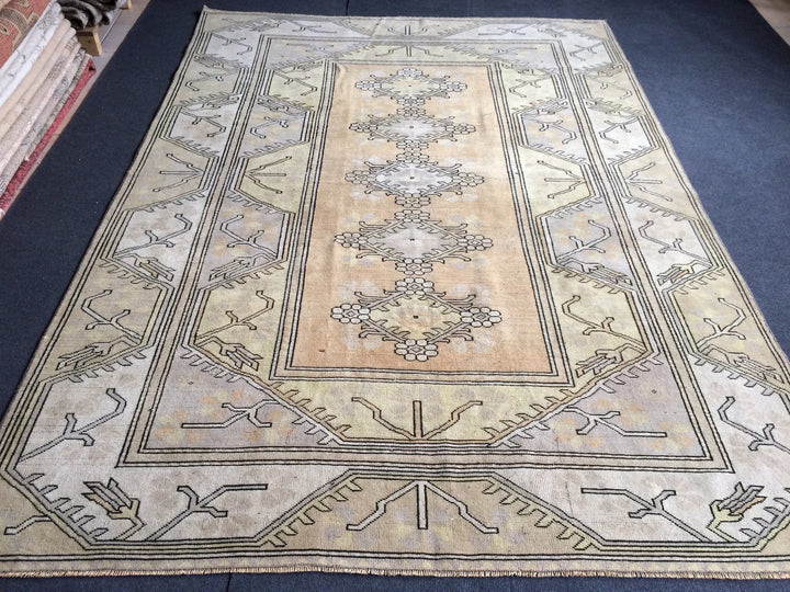 Beige Turkish Runner Rug 6' 2" x 8' 10" Hand-Knotted | No. WR73258