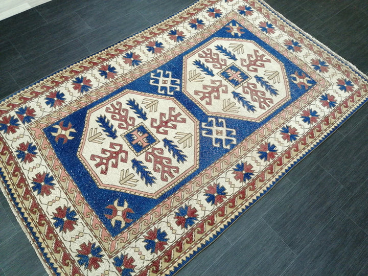 Blue Turkish Runner Rug 4' 8" x 7' 3" Hand-Knotted | No. WR75418