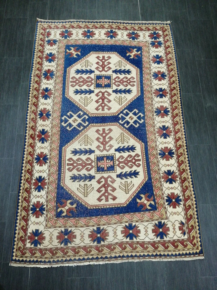 Blue Turkish Runner Rug 4' 8" x 7' 3" Hand-Knotted | No. WR75418