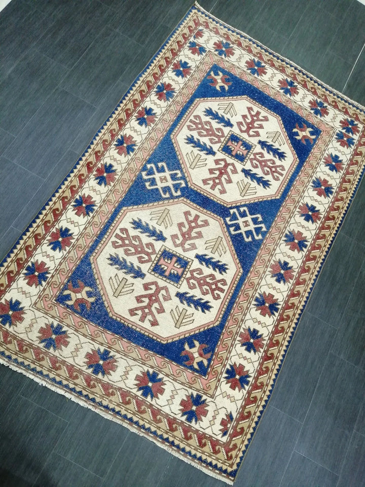 Blue Turkish Runner Rug 4' 8" x 7' 3" Hand-Knotted | No. WR75418