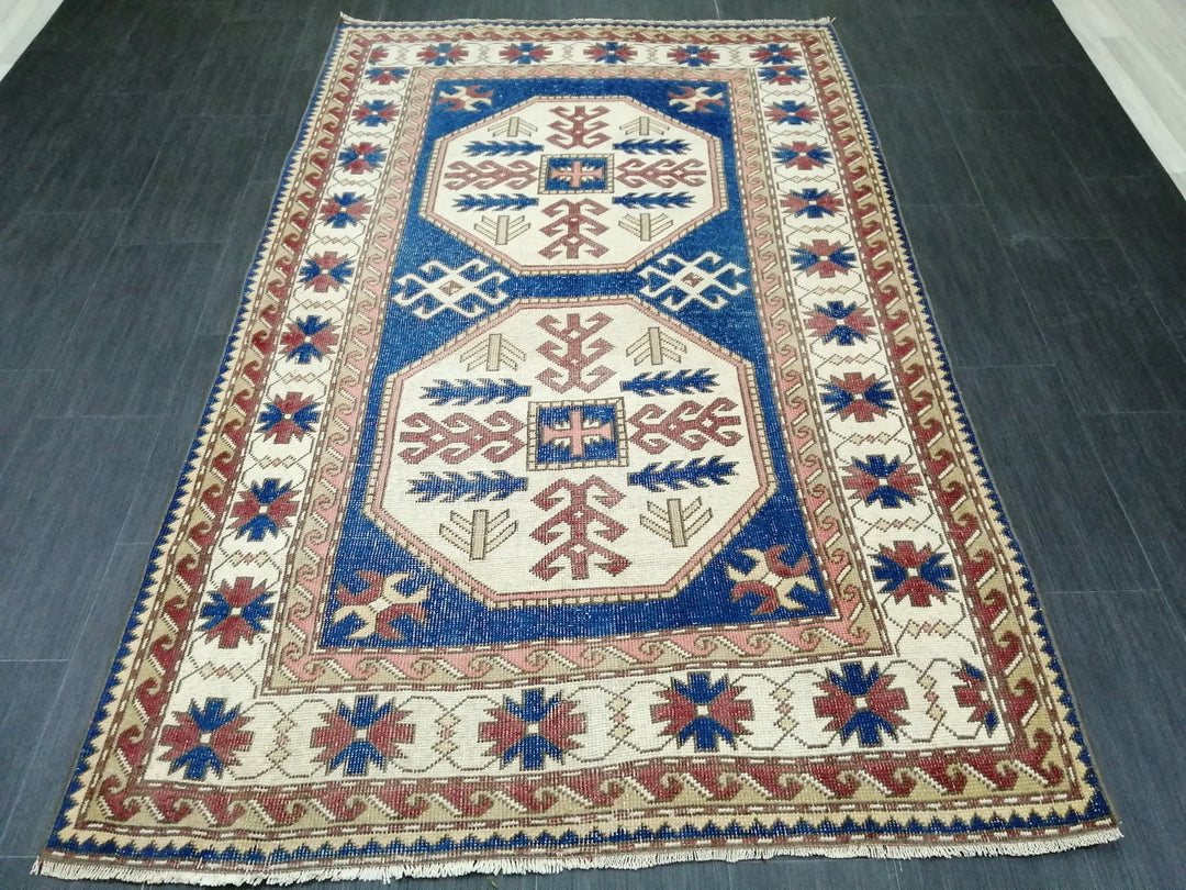 Blue Turkish Runner Rug 4' 8" x 7' 3" Hand-Knotted | No. WR75418