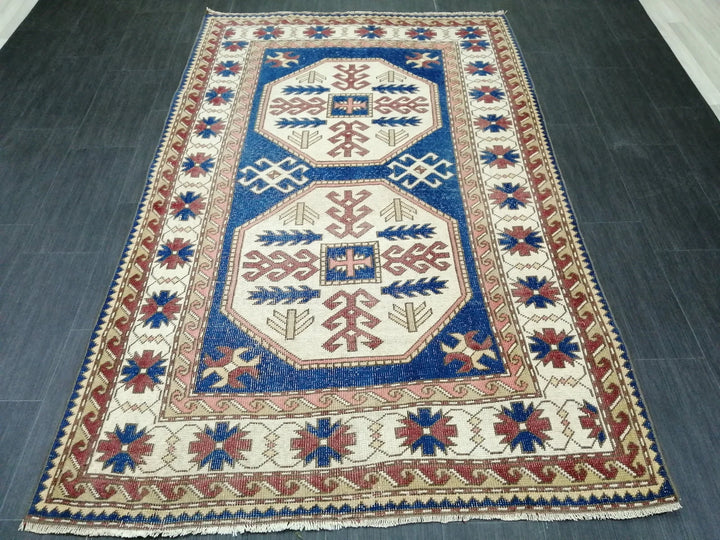 Blue Turkish Runner Rug 4' 8" x 7' 3" Hand-Knotted | No. WR75418