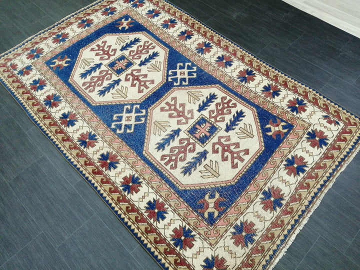 Blue Turkish Runner Rug 4' 8" x 7' 3" Hand-Knotted | No. WR75418