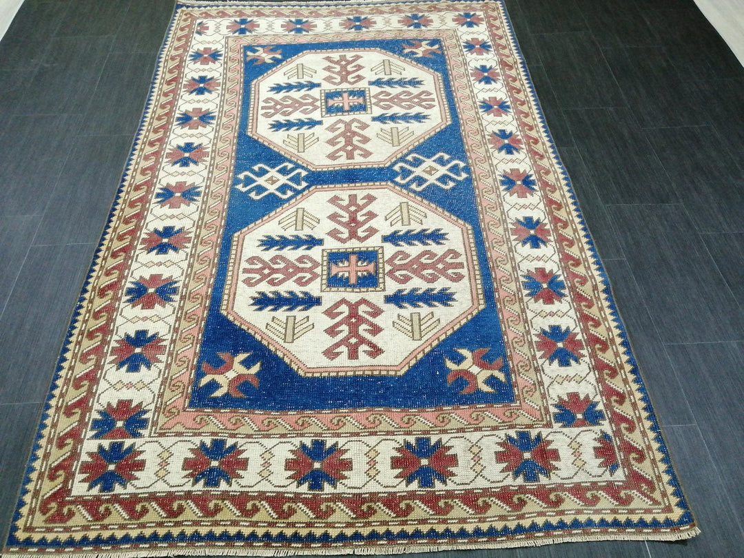 Blue Turkish Runner Rug 4' 8" x 7' 3" Hand-Knotted | No. WR75418