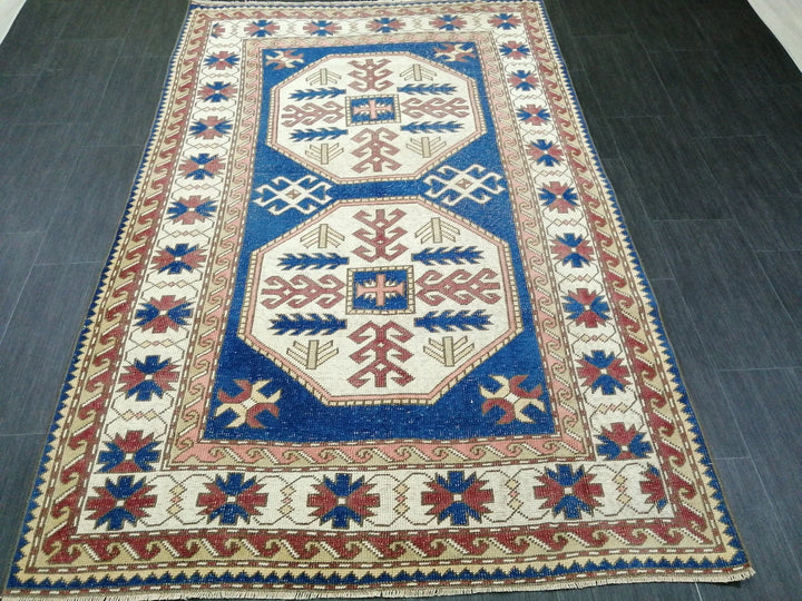 Blue Turkish Runner Rug 4' 8" x 7' 3" Hand-Knotted | No. WR75418