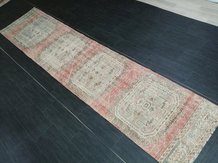 Beige Turkish Distressed Runner Rug 2' 5" x 10' 11" Hand-Knotted | No. WR75495