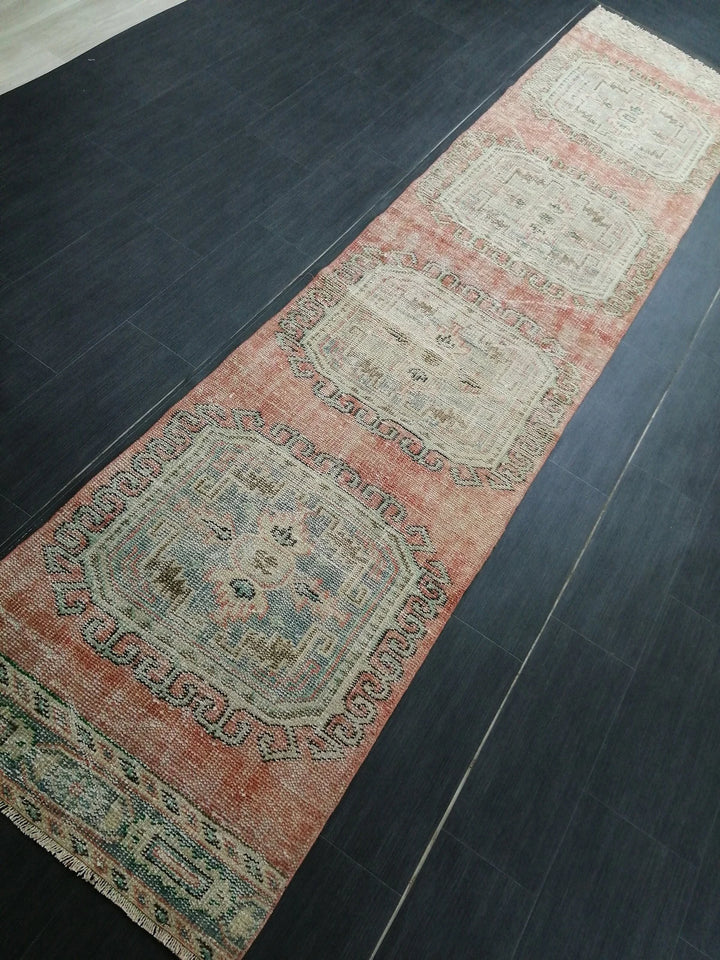 Beige Turkish Distressed Runner Rug 2' 5" x 10' 11" Hand-Knotted | No. WR75495
