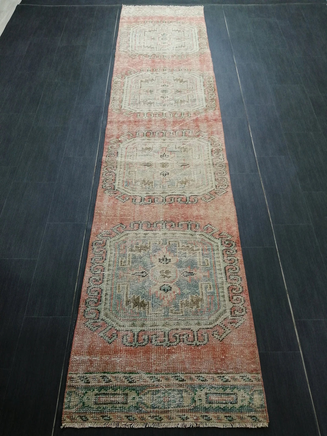 Beige Turkish Distressed Runner Rug 2' 5" x 10' 11" Hand-Knotted | No. WR75495