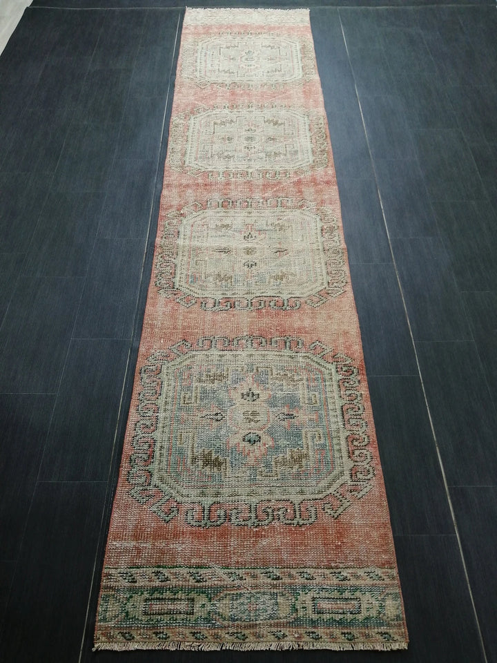 Beige Turkish Distressed Runner Rug 2' 5" x 10' 11" Hand-Knotted | No. WR75495