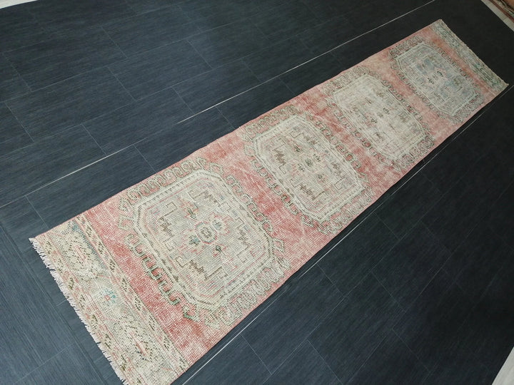 Beige Turkish Distressed Runner Rug 2' 5" x 10' 11" Hand-Knotted | No. WR75495