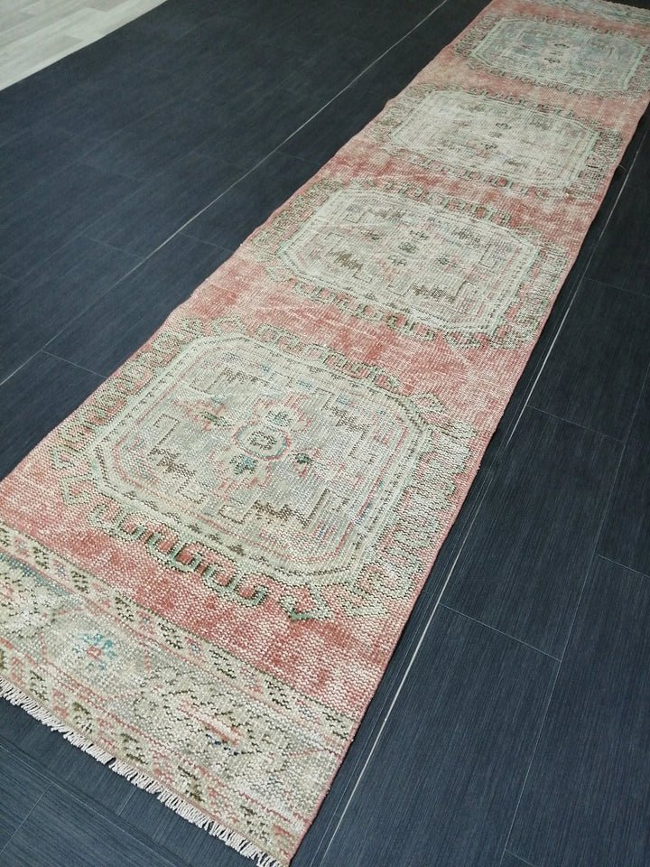 Beige Turkish Distressed Runner Rug 2' 5" x 10' 11" Hand-Knotted | No. WR75495
