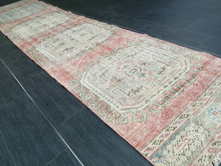 Beige Turkish Distressed Runner Rug 2' 5" x 10' 11" Hand-Knotted | No. WR75495