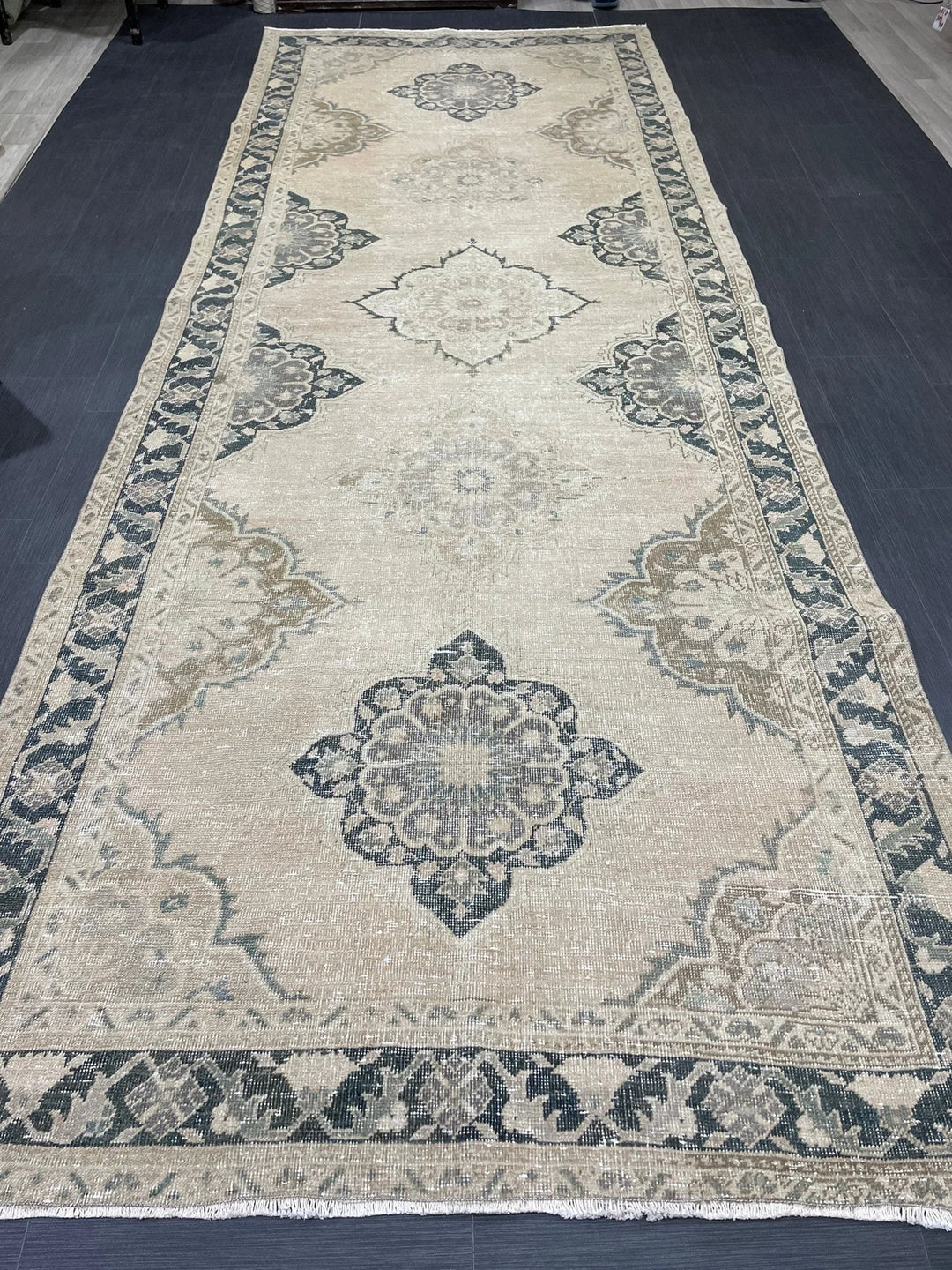 Beige Turkish Runner Rug 5' x 13' 6" Hand-Knotted | No. WR75502