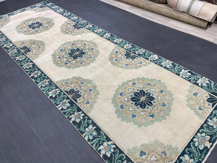 Green Turkish Runner Rug 4' 1" x 11' 3" Hand-Knotted | No. WR78752