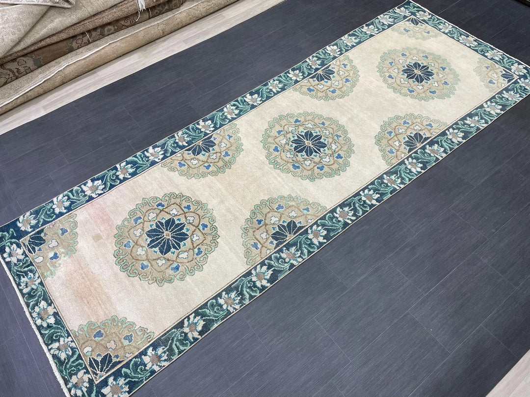 Green Turkish Runner Rug 4' 1" x 11' 3" Hand-Knotted | No. WR78752