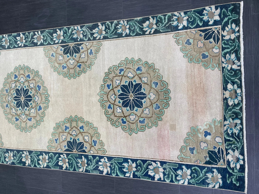 Green Turkish Runner Rug 4' 1" x 11' 3" Hand-Knotted | No. WR78752