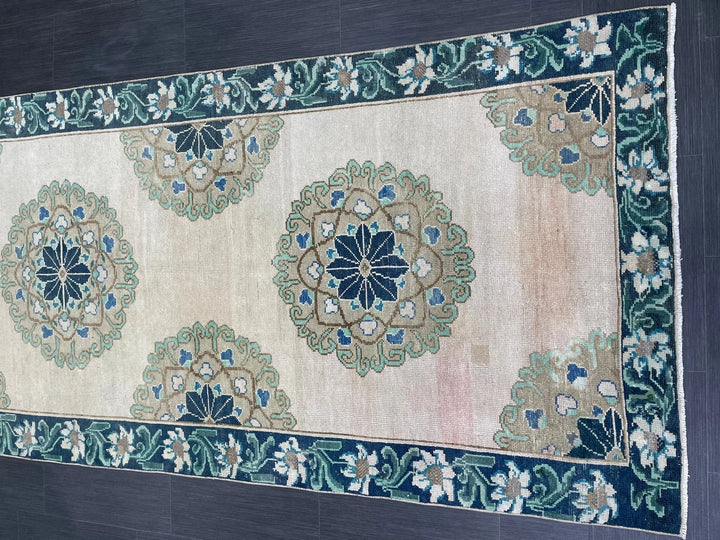 Green Turkish Runner Rug 4' 1" x 11' 3" Hand-Knotted | No. WR78752