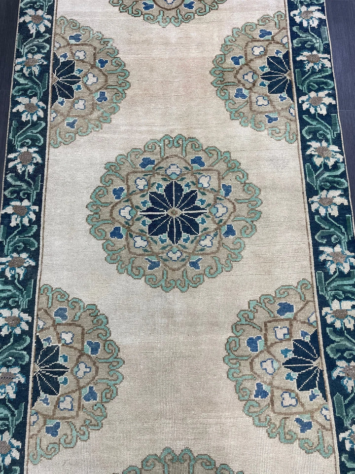Green Turkish Runner Rug 4' 1" x 11' 3" Hand-Knotted | No. WR78752
