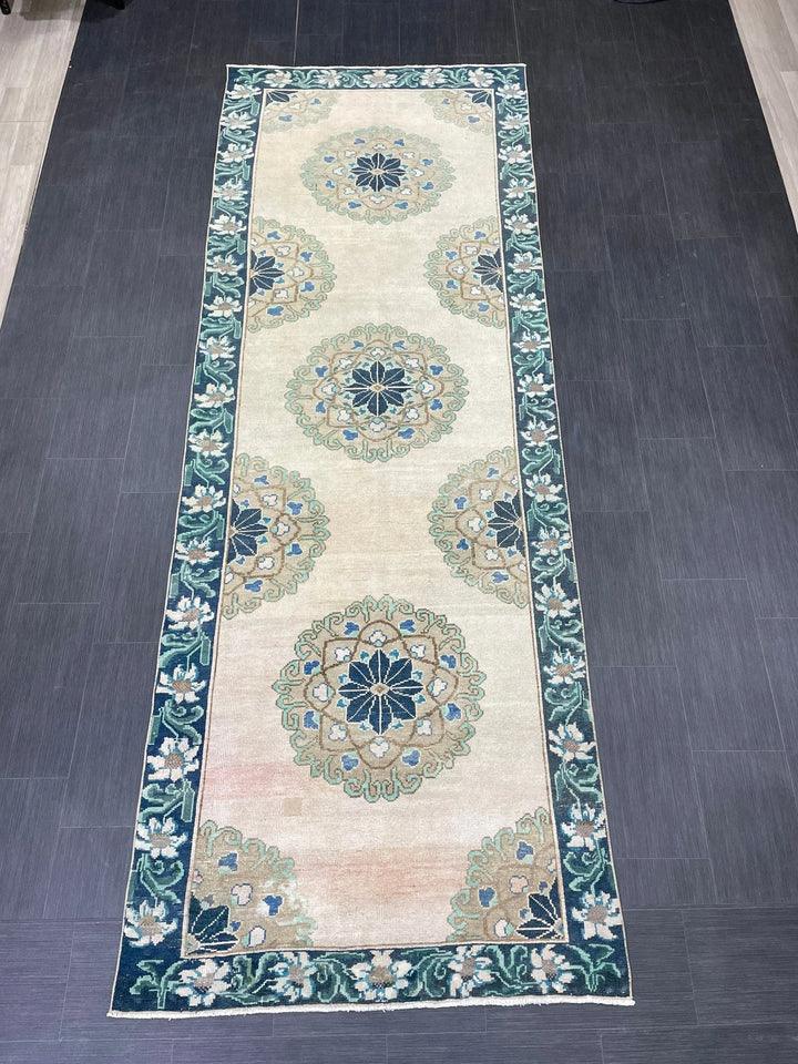 Green Turkish Runner Rug 4' 1" x 11' 3" Hand-Knotted | No. WR78752