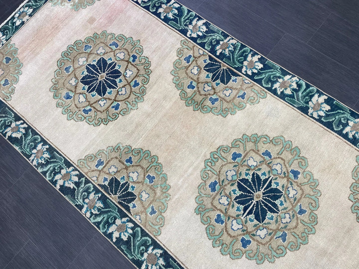 Green Turkish Runner Rug 4' 1" x 11' 3" Hand-Knotted | No. WR78752