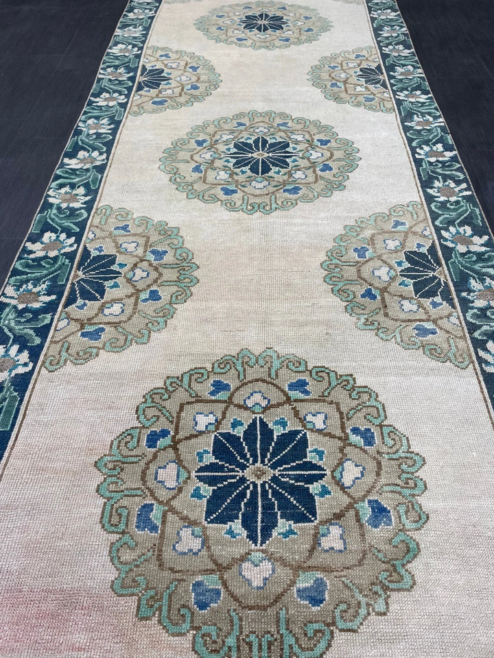 Green Turkish Runner Rug 4' 1" x 11' 3" Hand-Knotted | No. WR78752