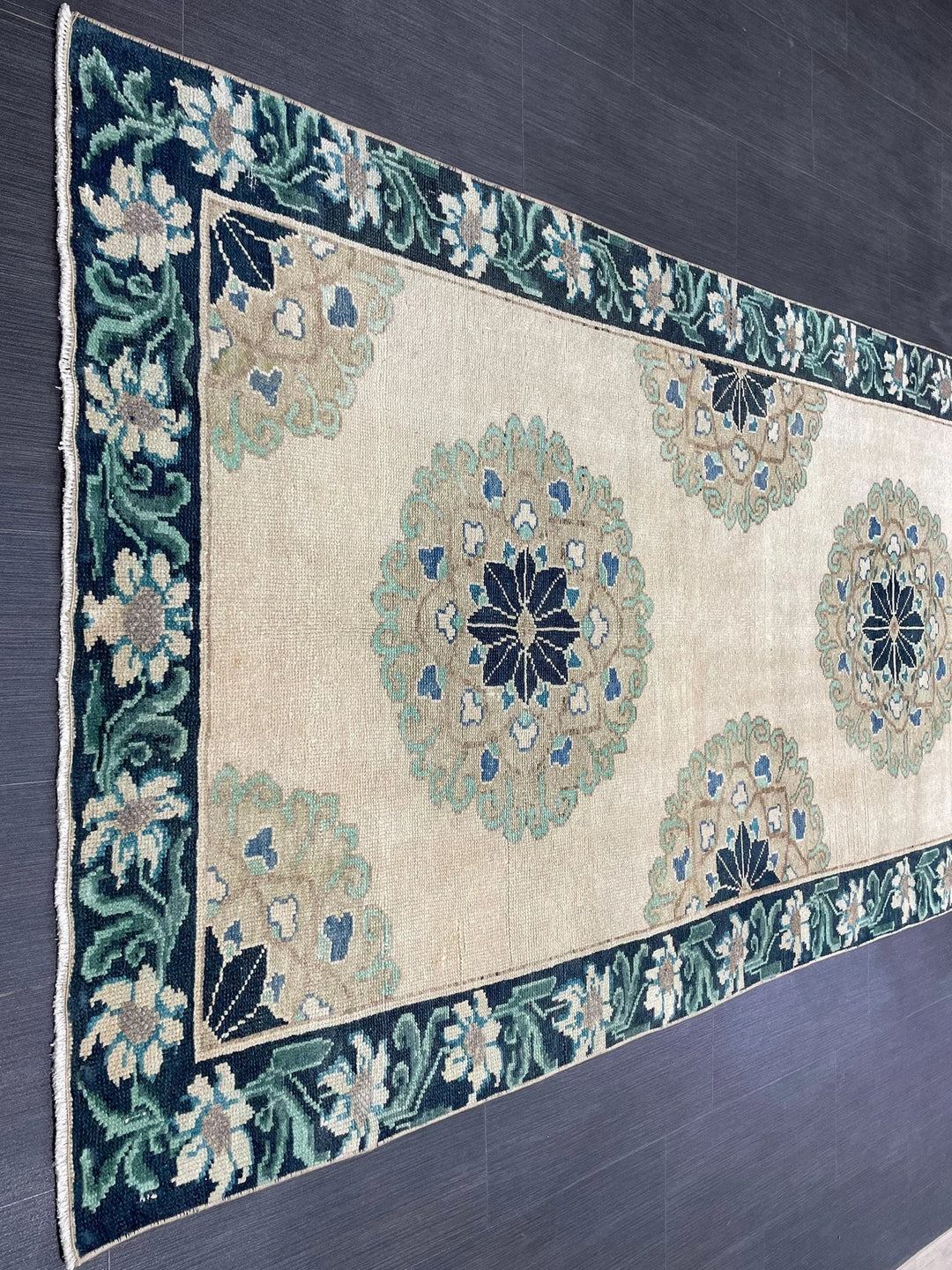 Green Turkish Runner Rug 4' 1" x 11' 3" Hand-Knotted | No. WR78752