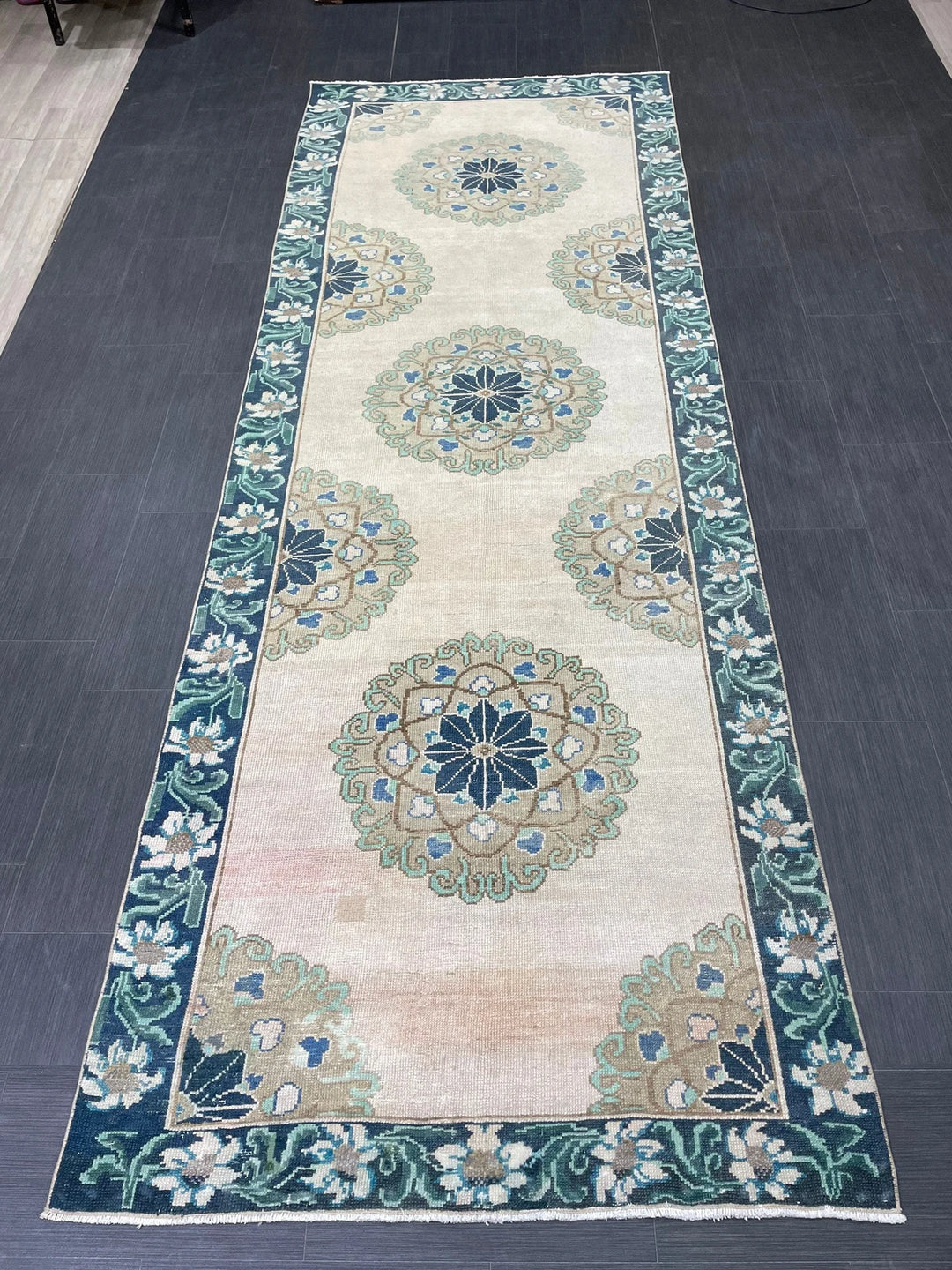Green Turkish Runner Rug 4' 1" x 11' 3" Hand-Knotted | No. WR78752