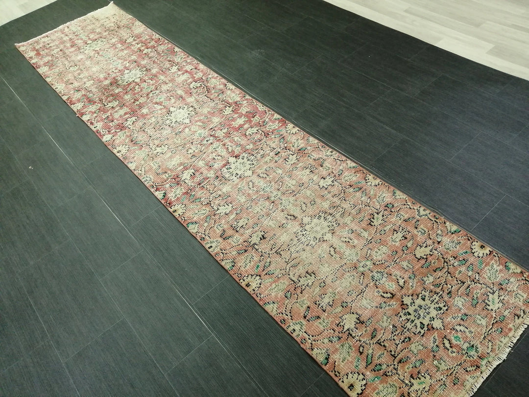 Beige Turkish Distressed Runner Rug 2' 6" x 10' 8" Hand-Knotted | No. WR79162