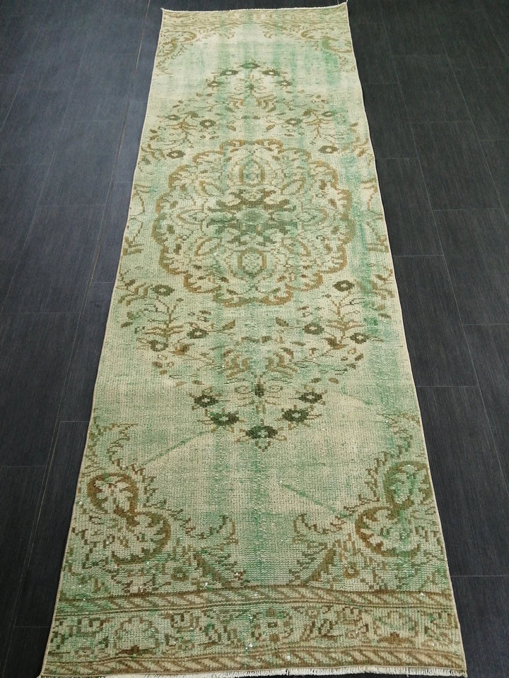 Green Turkish Runner Rug 2' 11" x 9' 3" Hand-Knotted | No. WR81901