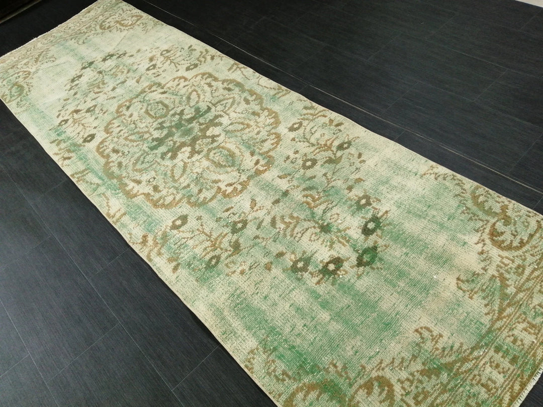 Green Turkish Runner Rug 2' 11" x 9' 3" Hand-Knotted | No. WR81901