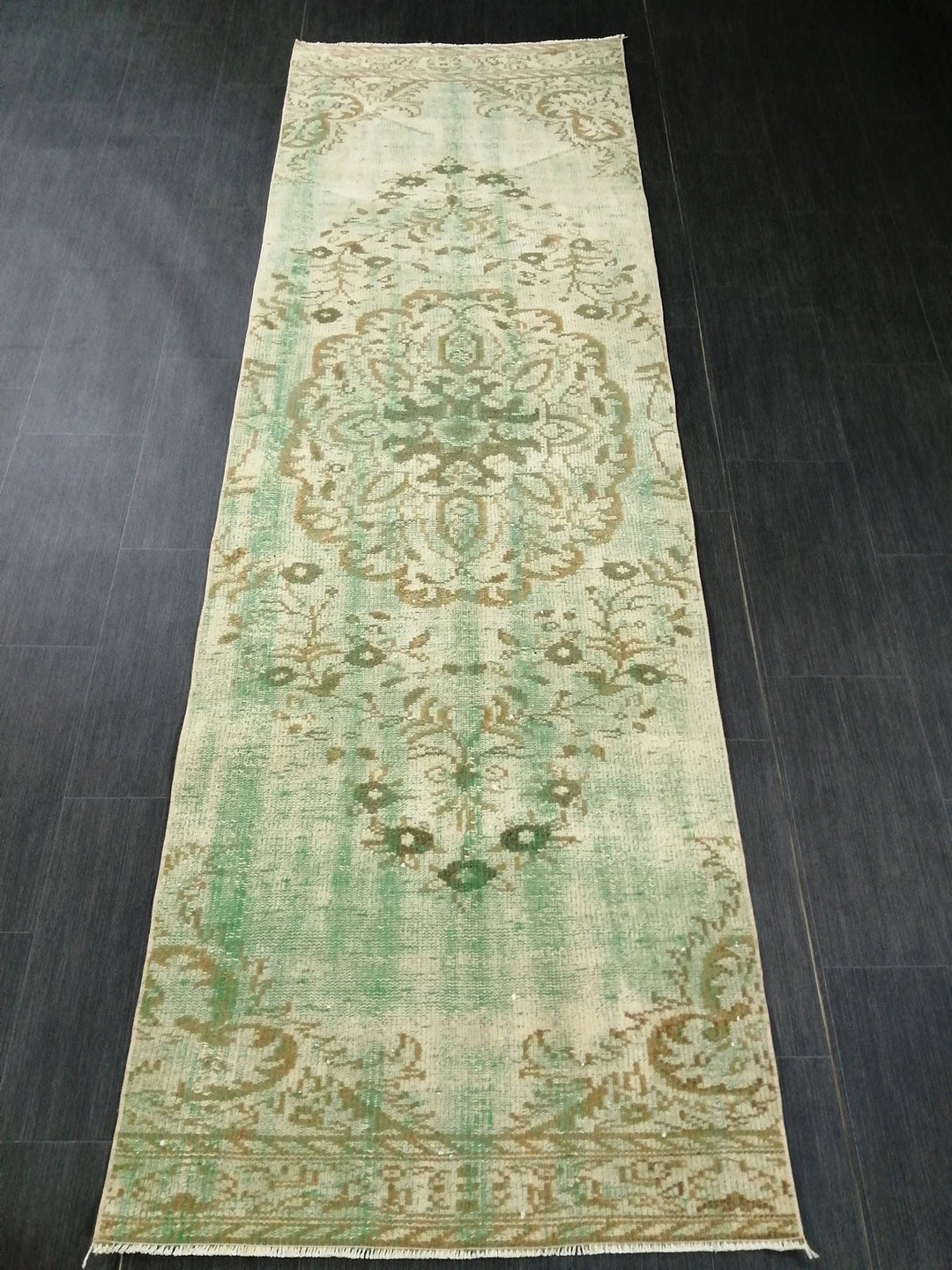 Green Turkish Runner Rug 2' 11" x 9' 3" Hand-Knotted | No. WR81901