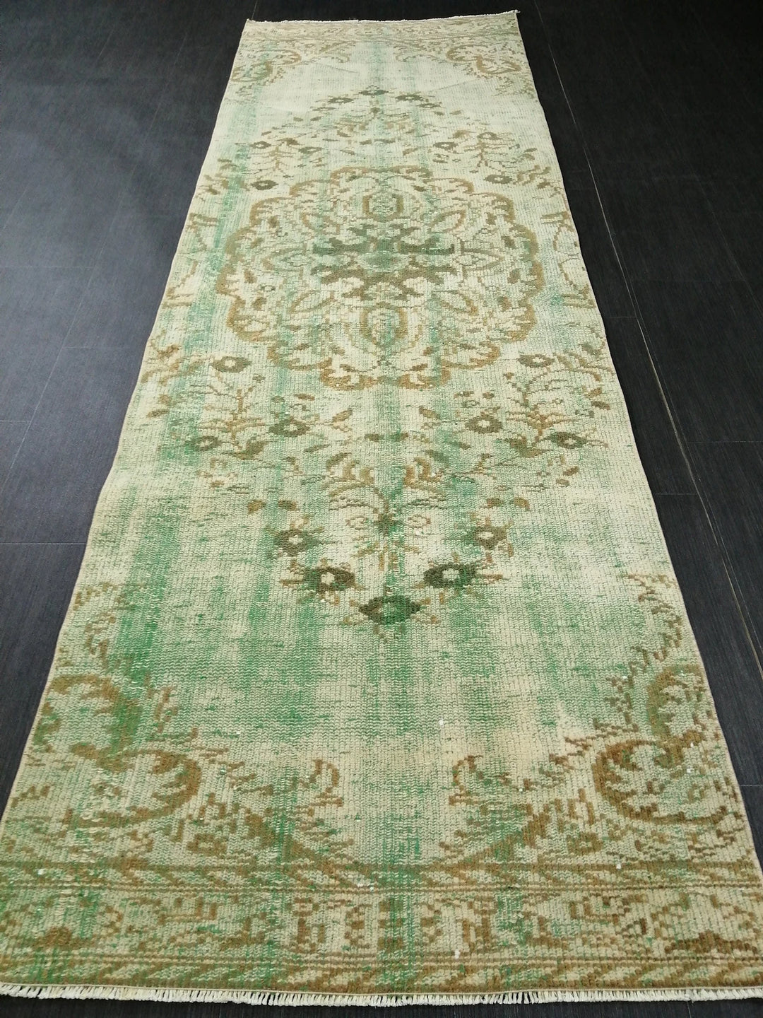 Green Turkish Runner Rug 2' 11" x 9' 3" Hand-Knotted | No. WR81901