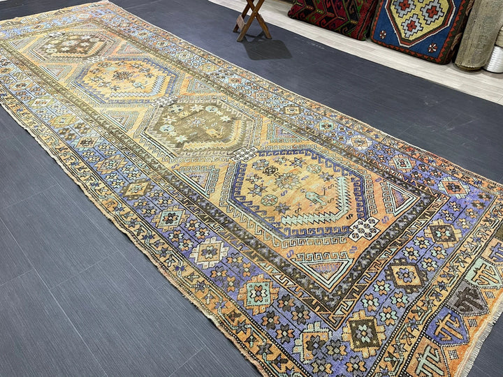 Beige Turkish Runner Rug 4' 5" x 12' 5" Hand-Knotted | No. WR83928