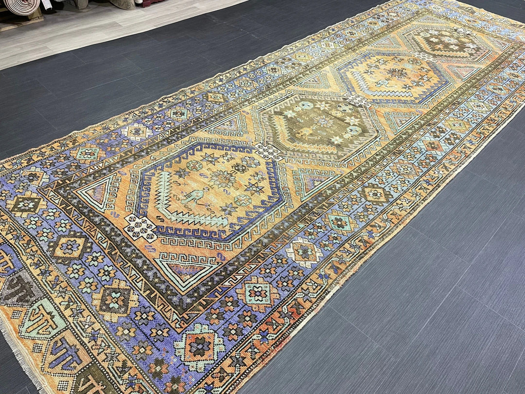 Beige Turkish Runner Rug 4' 5" x 12' 5" Hand-Knotted | No. WR83928