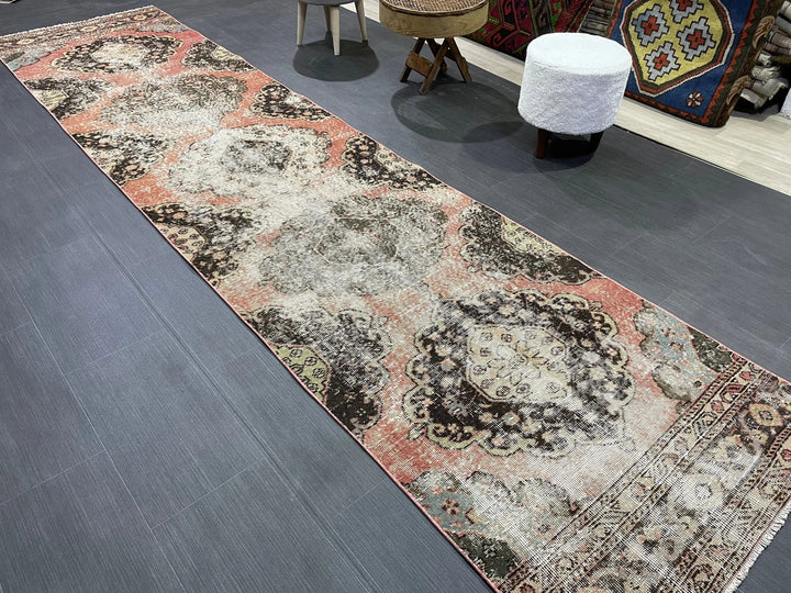 Beige Turkish Distressed Runner Rug 2' 11" x 12' 2" Hand-Knotted | No. WR83930