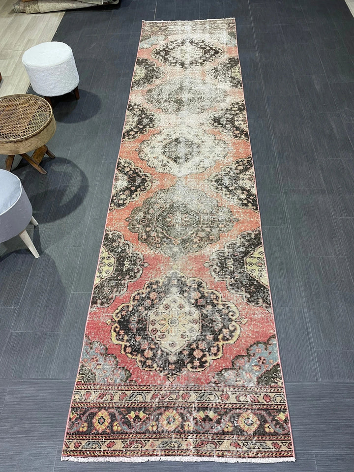 Beige Turkish Distressed Runner Rug 2' 11" x 12' 2" Hand-Knotted | No. WR83930
