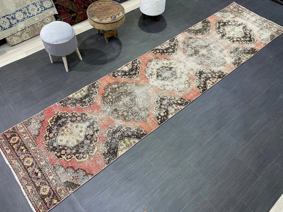 Beige Turkish Distressed Runner Rug 2' 11" x 12' 2" Hand-Knotted | No. WR83930