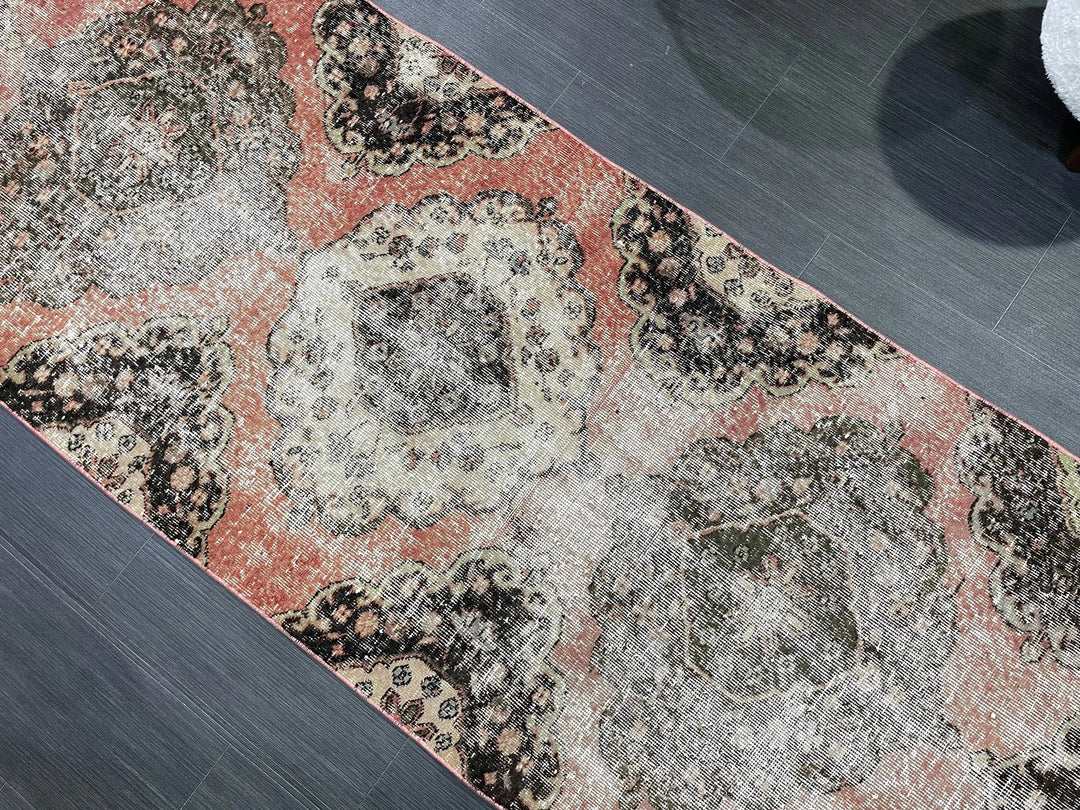 Beige Turkish Distressed Runner Rug 2' 11" x 12' 2" Hand-Knotted | No. WR83930