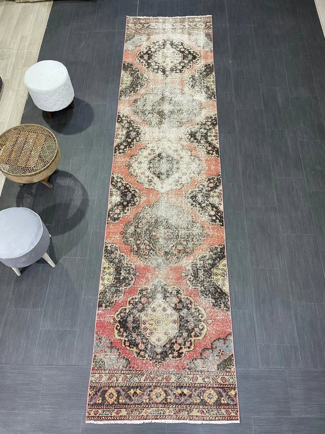 Beige Turkish Distressed Runner Rug 2' 11" x 12' 2" Hand-Knotted | No. WR83930