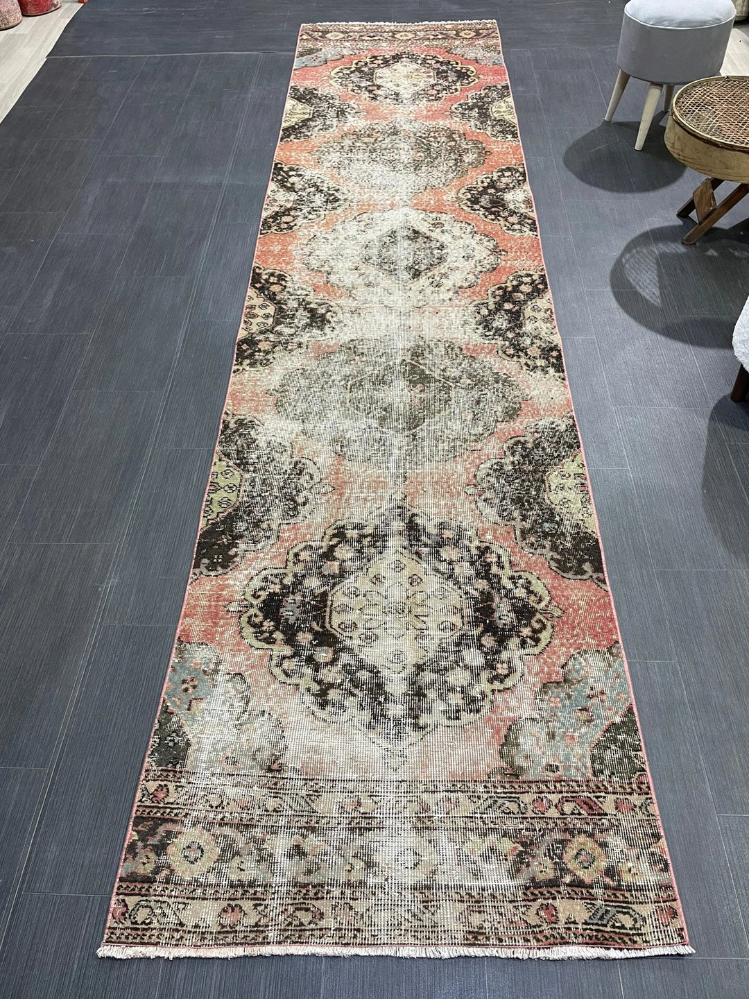 Beige Turkish Distressed Runner Rug 2' 11" x 12' 2" Hand-Knotted | No. WR83930