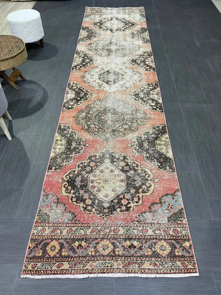 Beige Turkish Distressed Runner Rug 2' 11" x 12' 2" Hand-Knotted | No. WR83930