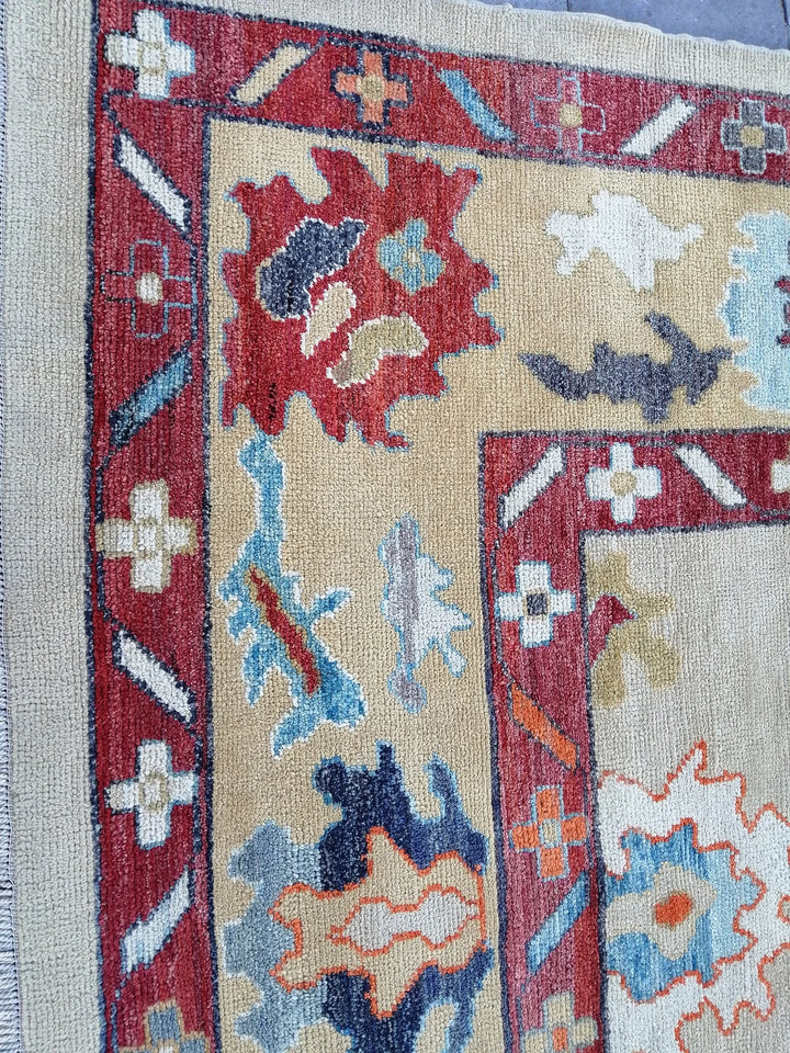 Beige Turkish Runner Rug 9' x 12' 2" Hand-Knotted | No. WR84183