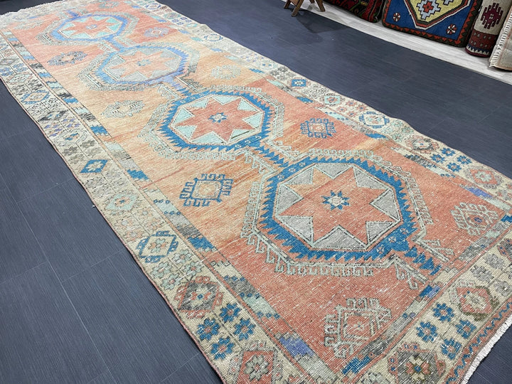 Beige Turkish Runner Rug 4' 7" x 12' 6" Hand-Knotted | No. WR84861