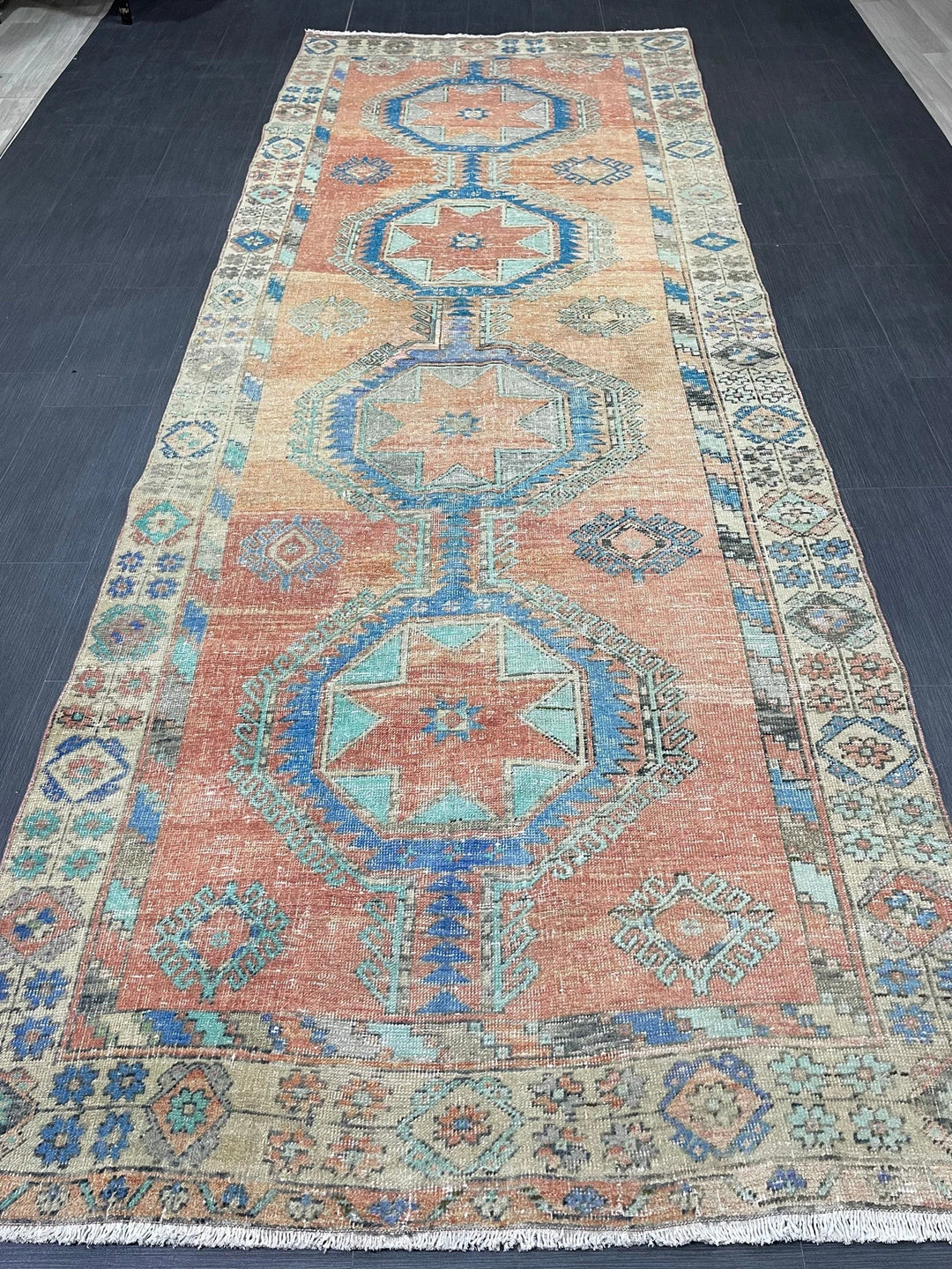 Beige Turkish Runner Rug 4' 7" x 12' 6" Hand-Knotted | No. WR84861