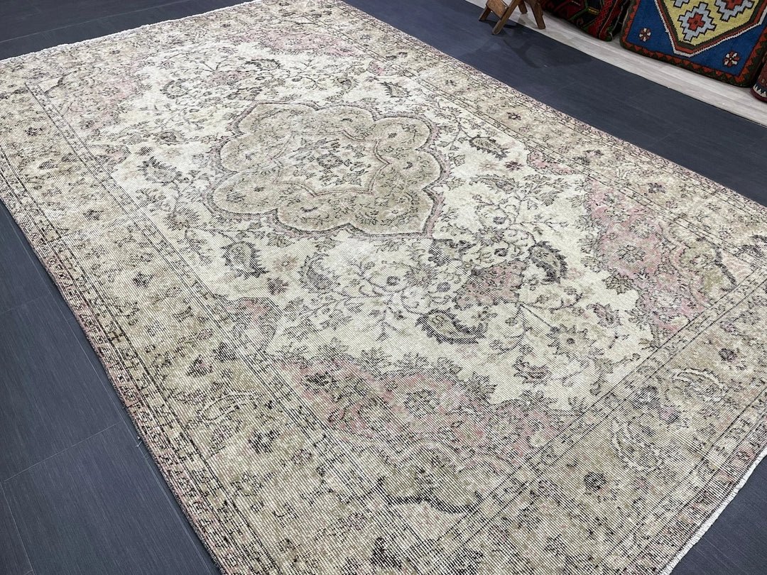 Beige Turkish Runner Rug 6' 3" x 9' 9" Hand-Knotted | No. WR85926