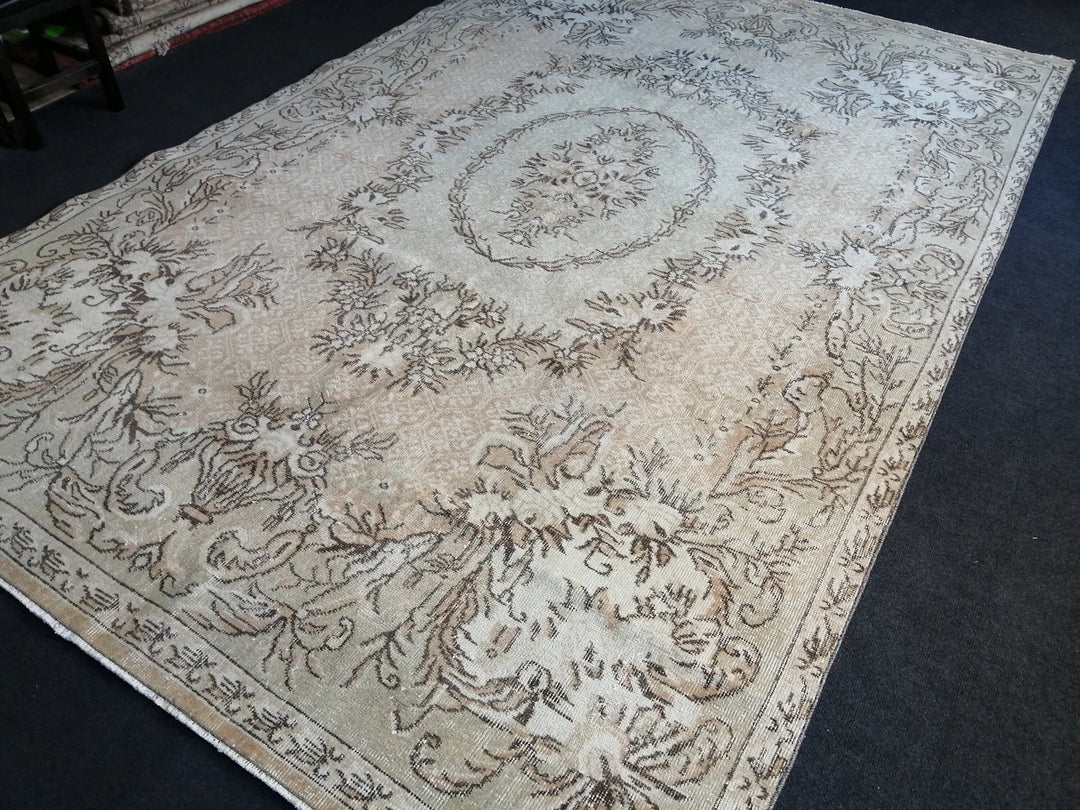 Beige Turkish Runner Rug 6' 8" x 10' 2" Hand-Knotted | No. WR86621
