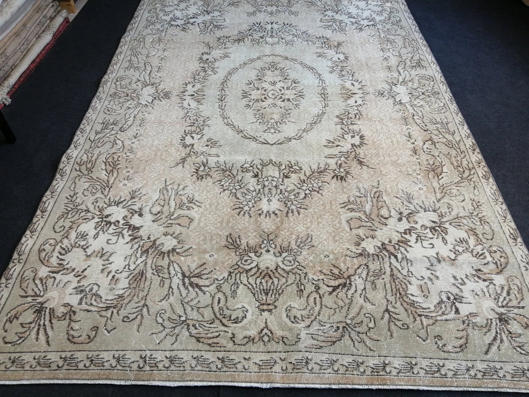 Beige Turkish Runner Rug 6' 8" x 10' 2" Hand-Knotted | No. WR86621